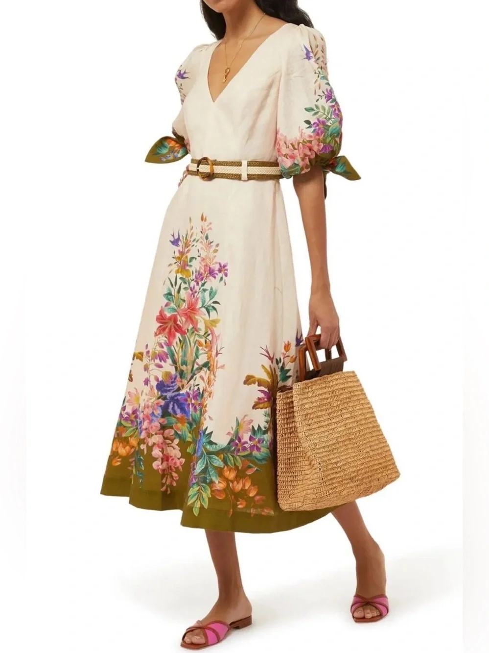 NWT Zimmermann Tropicana Tie-Sleeve Linen Midi Dress 🌸